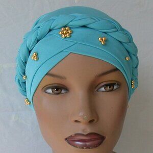 Women's Instant Turban Hijab Braid Chemo Cap Muslim Headcover Aqua Blue Bonnet